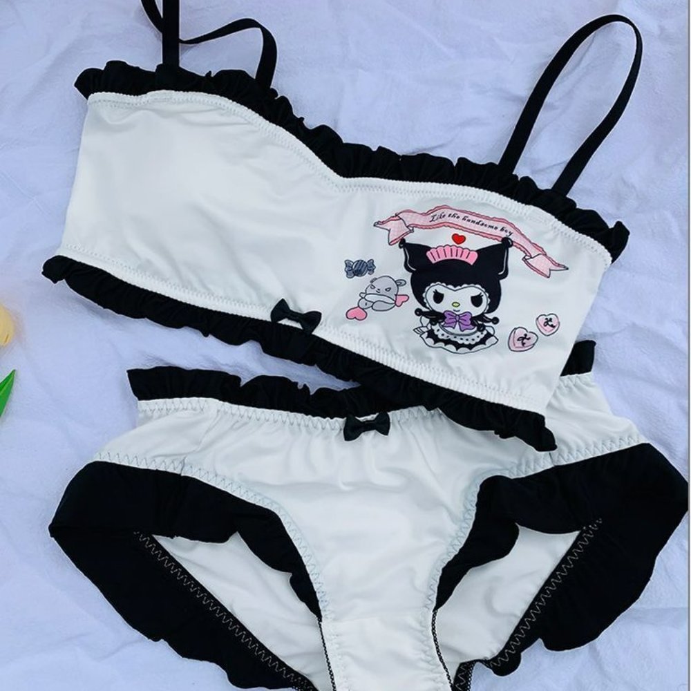 Sanrio Kuromi Cute Bra Panties Set Wire-free Soft Intimates Set Black & White